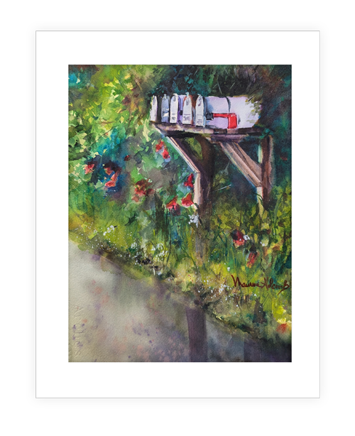 "Rural Charm"  | 14”x11” original watercolor painting of mailboxes country landscape