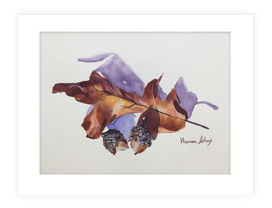 "Simplistic Nature" 14"x11" watercolor painting of tree leaf and acorns