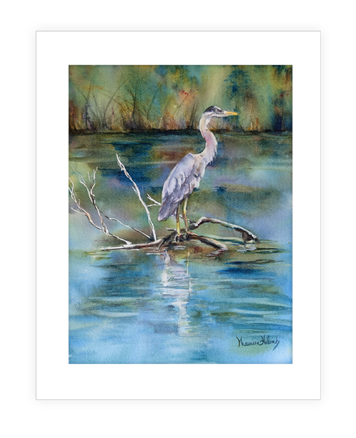 "Solitude in Still Waters"  | 14”x 11” original watercolor painting of Great Heron