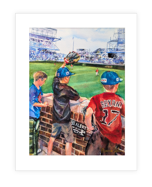 "Catching Dreams at Wrigley" | 14”x11” original watercolor painting of ball park Chicago young boys
