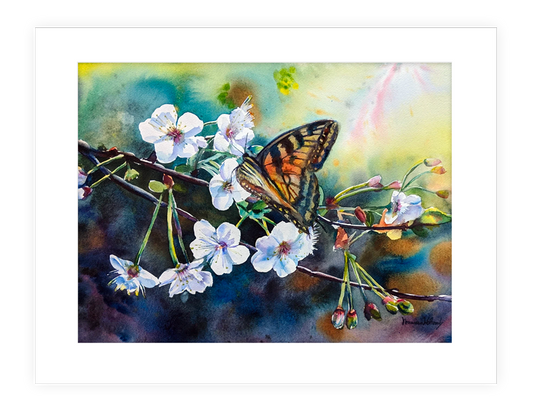 "Renewal" | 20”X14” watercolor painting of monarch butterfly in cherry blossoms
