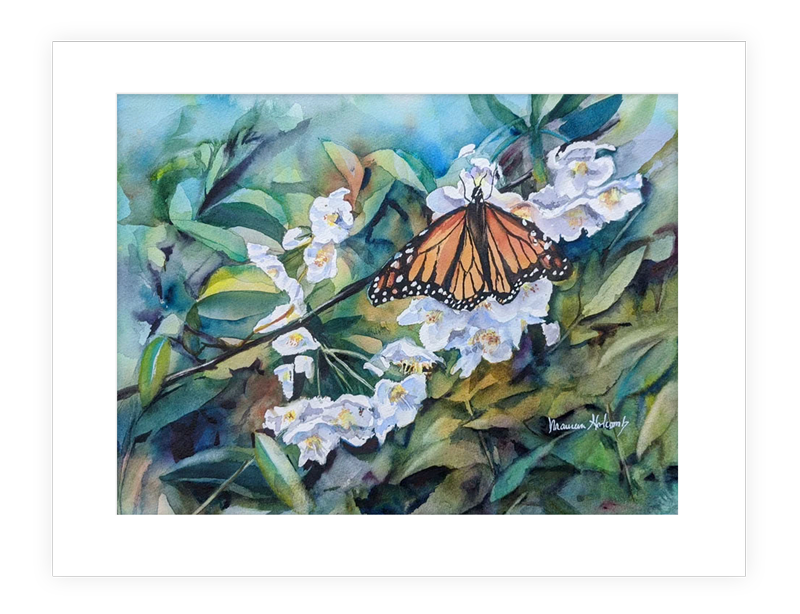 "Spring Monarch" | 14"x11" watercolor of butterfly in spring flowers