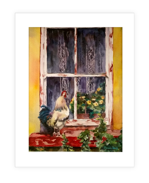 "Day Break Farms" | 14”X20” watercolor painting of rooster in window