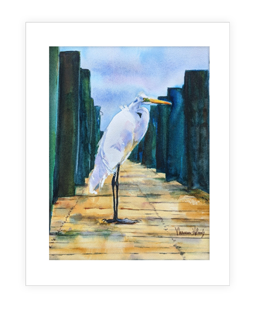 "Standing Tall" | 11"x14" watercolor painting of a great egret on a pier