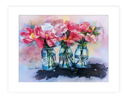 "Spring Blooms" | 14"x11" watercolor painting of colorful peonies in mason jars