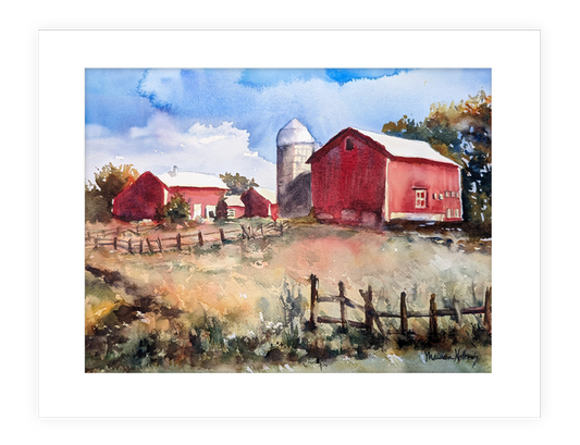 "Red Barn" | 14”x11” watercolor painting of beautiful red barn in Midwest