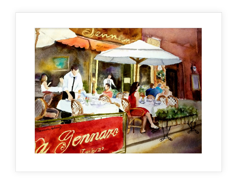 "Red Dress Cafe" | 14"x11" watercolor painting of a bistro