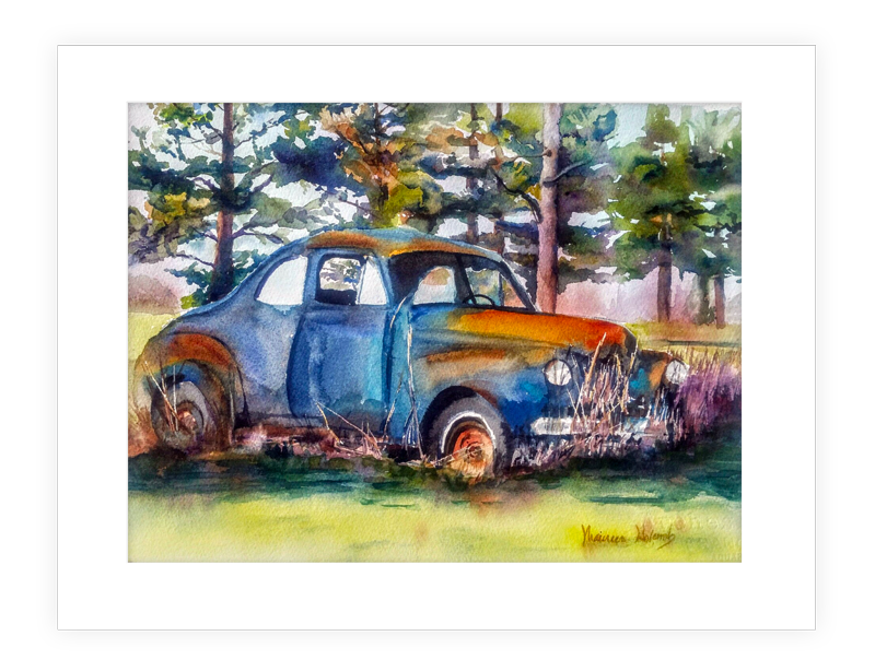 "Retired" | 14"x11" watercolor painting of colorful old vehicle in field