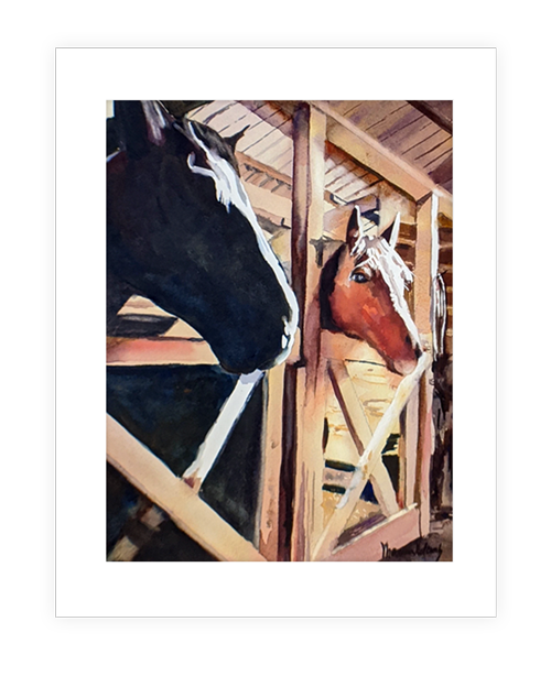 "Horses" | 11"x14" watercolor painting of horses in their stable