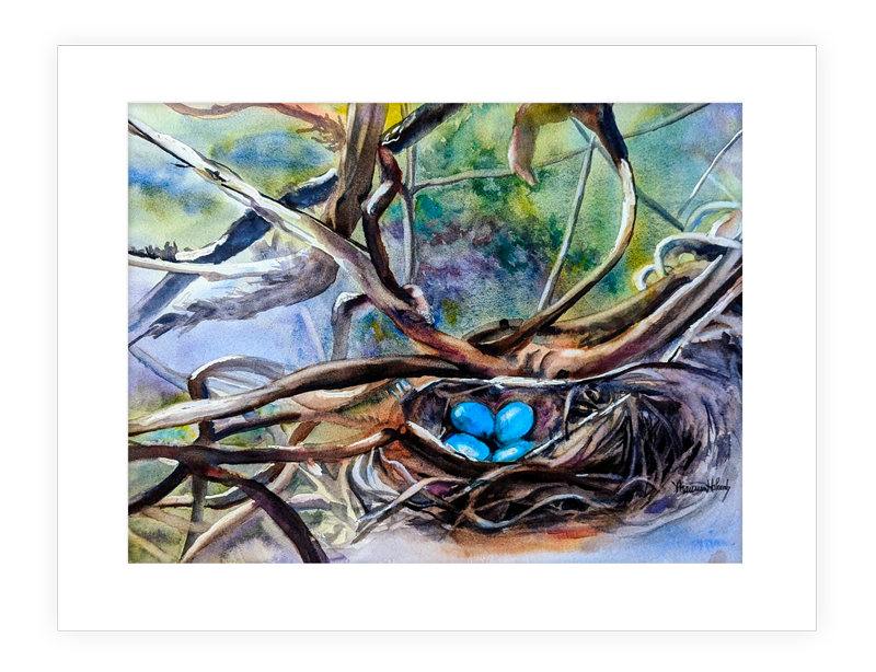 "The Nest" | 20"x14" watercolor painting of blue robin's egg nest