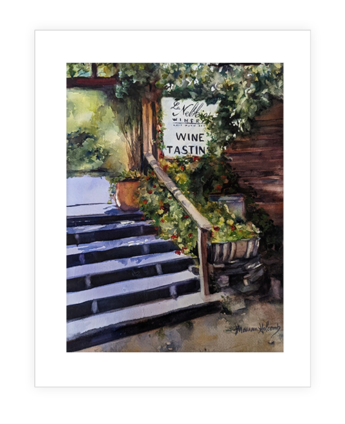 "Wine Tasting" | 11"x14" watercolor painting of winery entrance at California vineyard