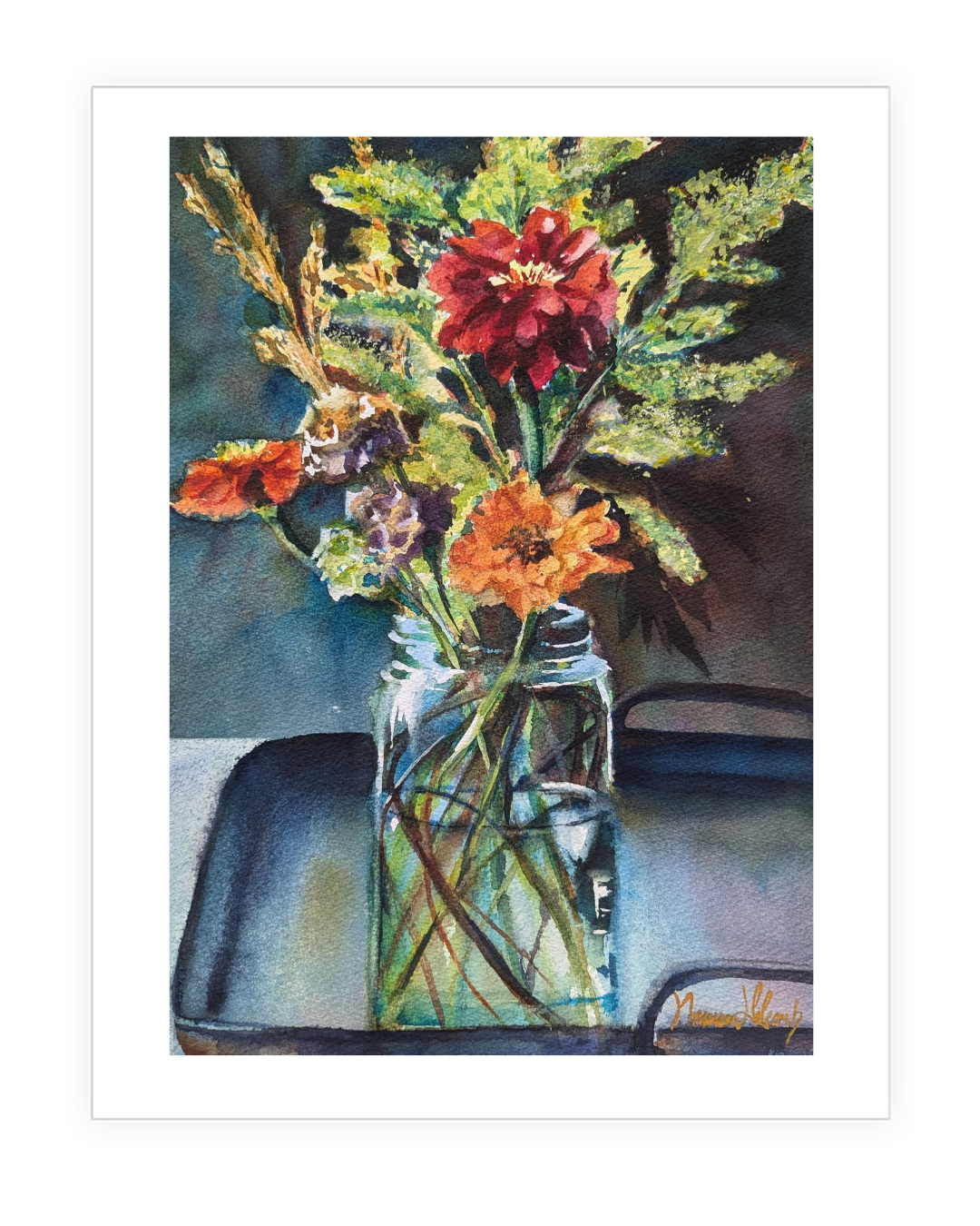 "Jar of Late Summer"  | 14”x 11” original watercolor painting of a ball jar with zinnias and summer flowers