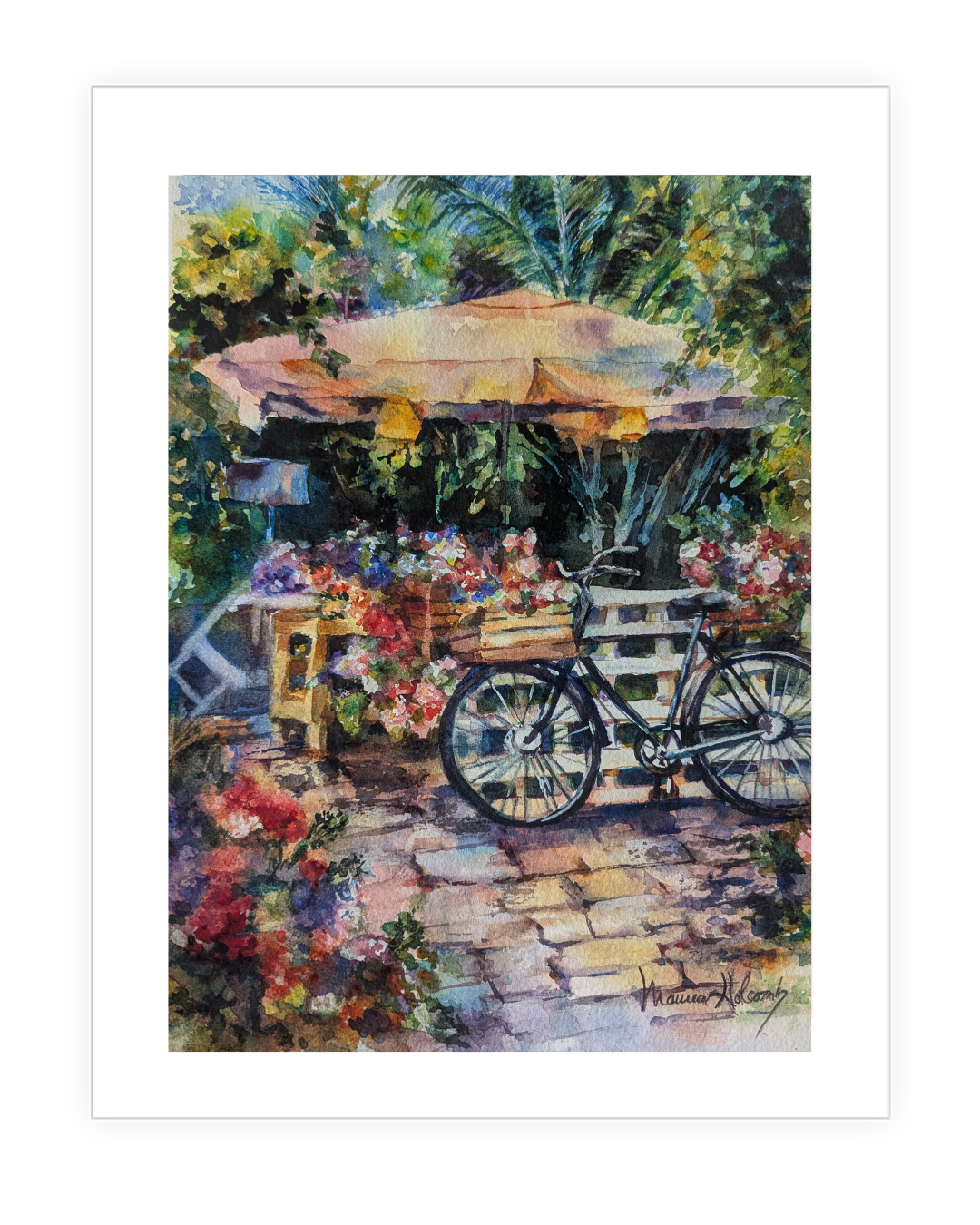 "Pedals to Petals" | 11"x14" watercolor painting of a bike surrounded by flowers in Spain