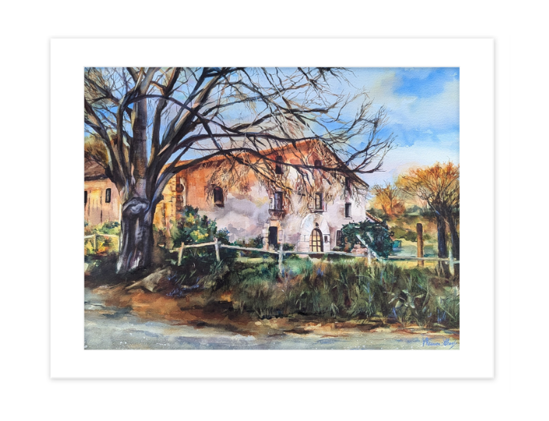 "First Light in Catalonia" | 30"x24" watercolor painting of a house in Barcelona at sunrise
