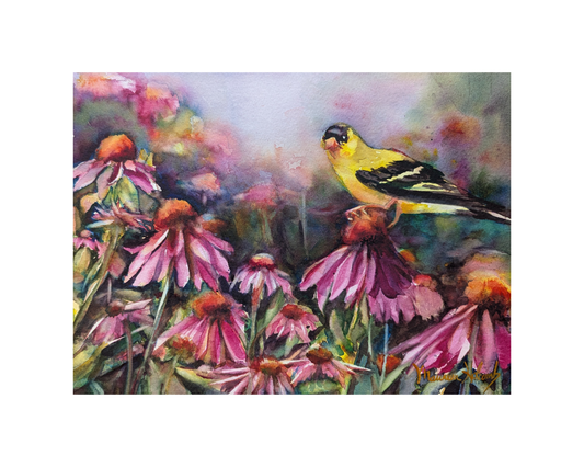 "In the Coneflowers"  | 14”x11” original watercolor painting of yellow finch in coneflowers