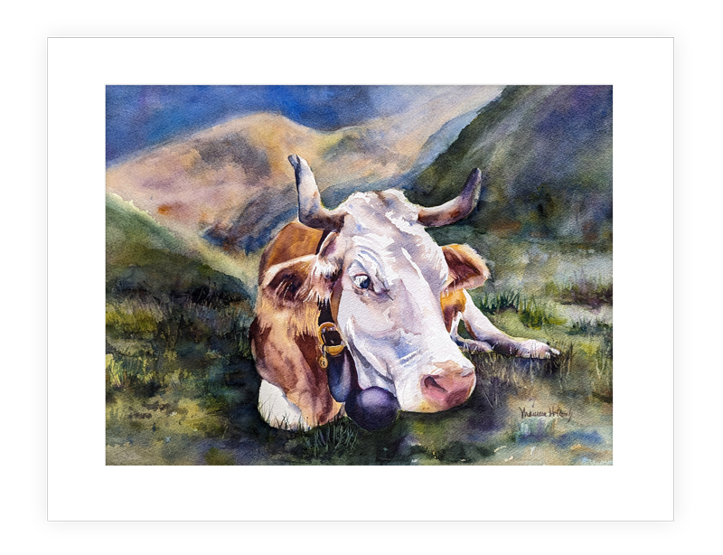 “Oxen Glocken,” | 20”x14” watercolor painting of Oxen in Switzerland