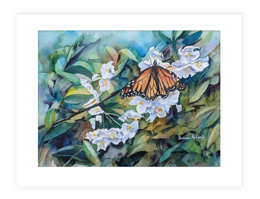 "Spring Monarch" | 14"x11" watercolor of butterfly in spring flowers