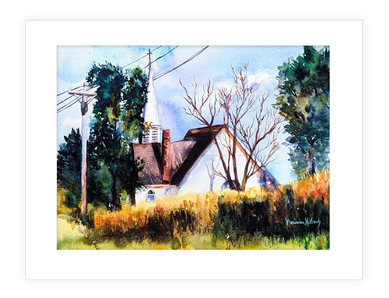 "Harvest Blessing" | 14”x11” watercolor painting of Midwest church landscape