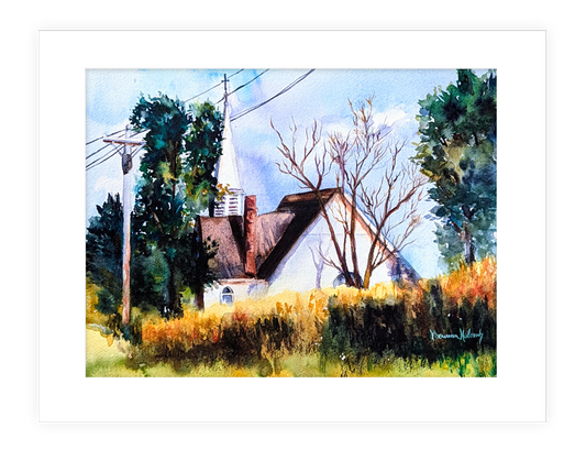 "Harvest Blessing" | 14”x11” watercolor painting of Midwest church landscape