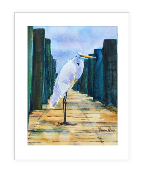 "Heron Standing Tall" | 11"x14" watercolor painting of a heron on a pier