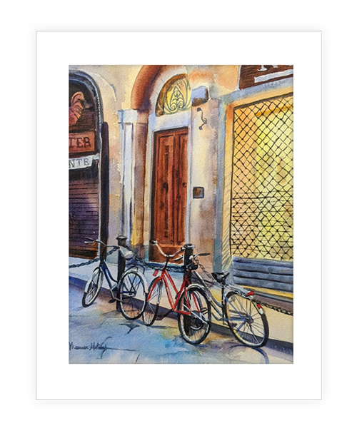 "Table For Three" | 11"x14" watercolor painting of bikes in the streets of Italy