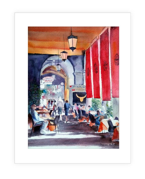 "Cagliari Cafe," | 11"x14" watercolor painting of Cagliari Cafe in Torino, Italy Sardinia