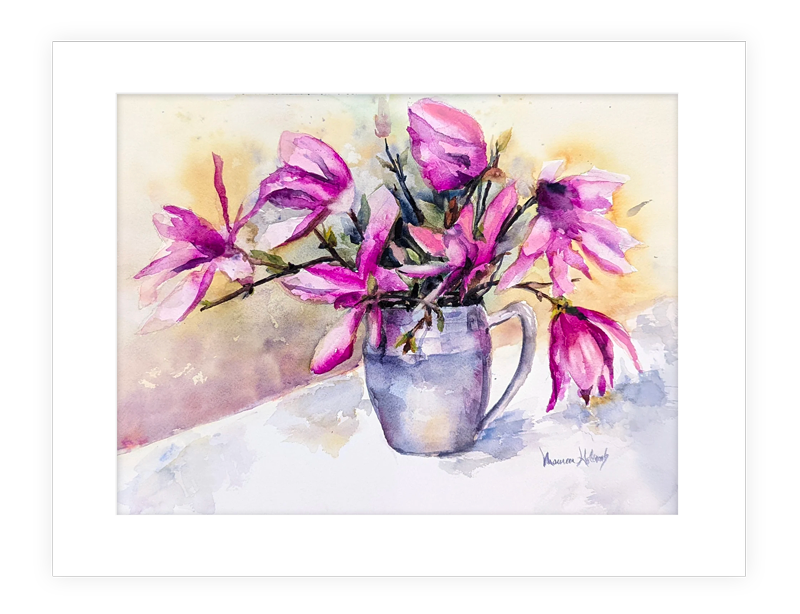 "Sweet Magnolias" | 14”x11” watercolor painting of spring magnolias in a pewter vase