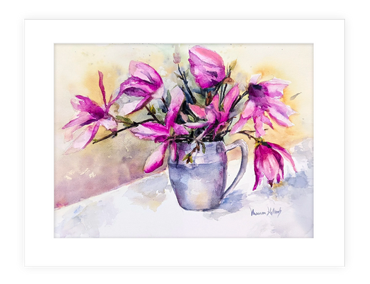 "Sweet Magnolias" | 14”x11” watercolor painting of spring magnolias in a pewter vase