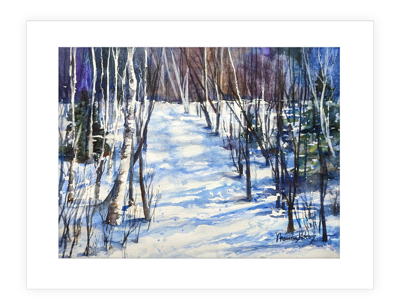 "Into the Woods," | 14"x11" watercolor painting of colorful snow landscape