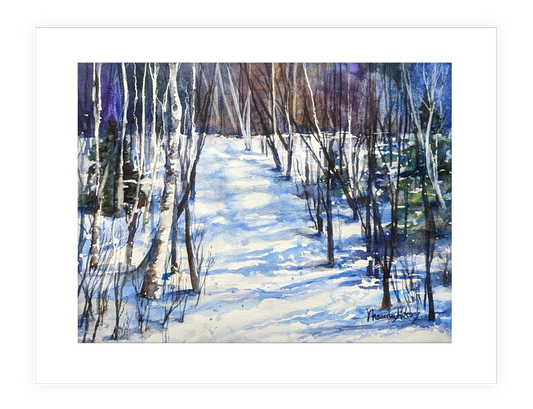 "Into the Woods," | 14"x11" watercolor painting of colorful snow landscape