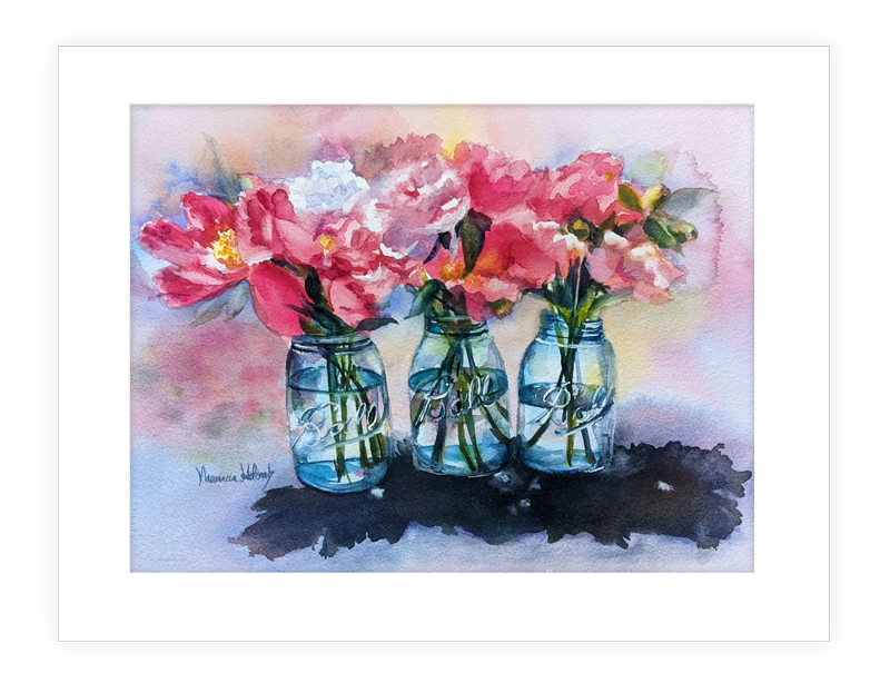 "Spring Blooms" | 14"x11" watercolor painting of colorful peonies in mason jars