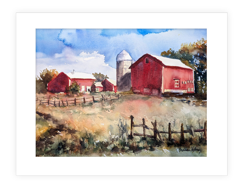 "Red Barn" | 14”x11” watercolor painting of beautiful red barn in Midwest