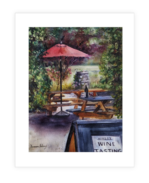 "Wine Lovers" | 11"x14" watercolor painting of California winery landscape
