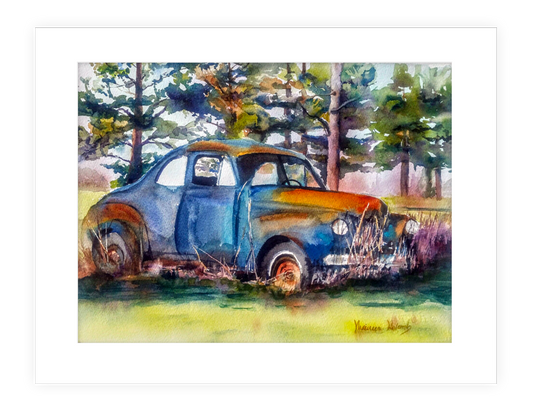 "Retired" | 14"x11" watercolor painting of colorful old vehicle in field