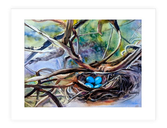 "The Nest" | 20"x14" watercolor painting of blue robin's egg nest
