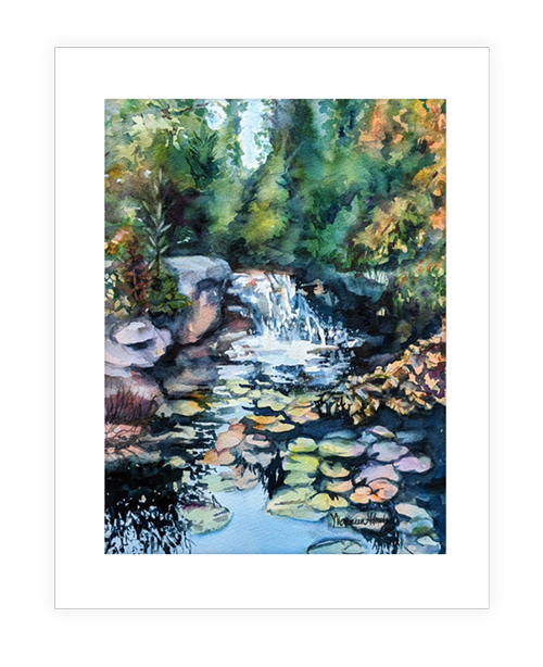 "Peaceful Waters" | 11"x14" watercolor painting of serene waterfall landscape
